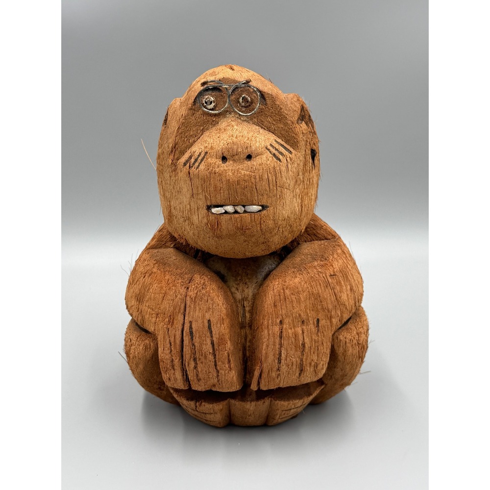 Vtg Hand Carved Coconut Shell Monkey Bank In Glasses Tropical Folk Art NO BOTTOM